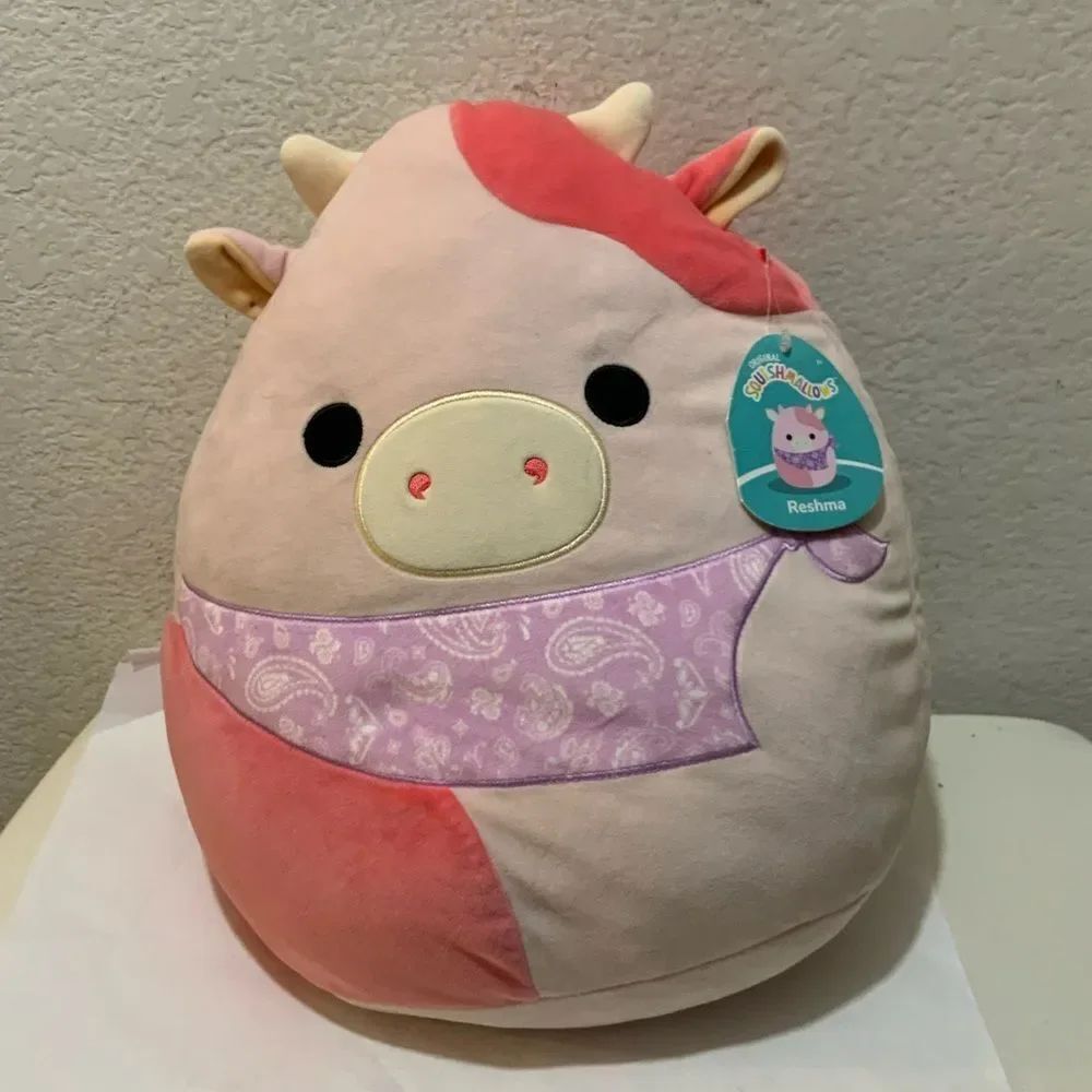 NWT Squishmallow 16” Reshma Pink Cow W/ Purple Bandana Plush Cow